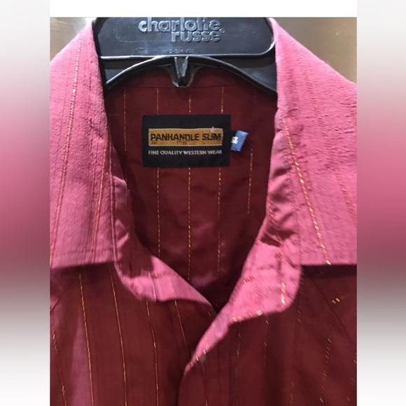 Panhandle Slim S/S Western Shirt Men’s L 16.5 Cranberry Gold Stripe Pearl Snaps - Picture 6 of 12